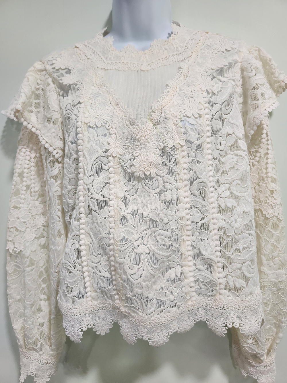 Ultra Pink Cream Lace Floral Blouse with Pom Trim
